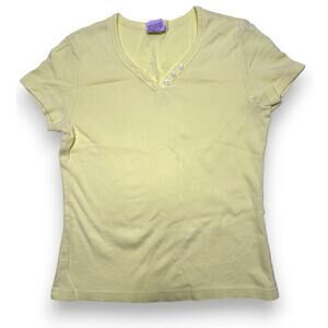 Vintage Old Navy Soft Yellow V-neck T-shirt with Button Detail Size Small